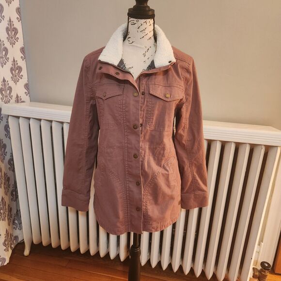 LL Bean Mauve Flannel Lined Utility Jacket/Chore Coat with Fleece Collar, Sz PM - Picture 1 of 9